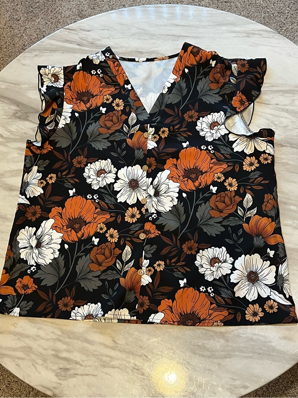 V-Neck Flutter Sleeve Floral Blouse in Black, Orange & Cream